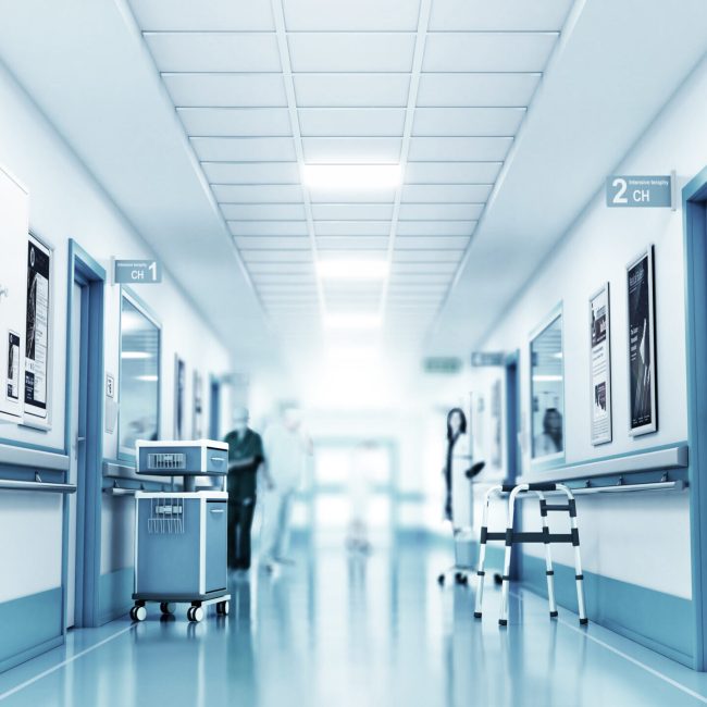 Medical concept. Hospital corridor with rooms. 3d illustration